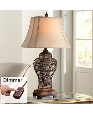 Barnes and Ivy Leafwork Traditional Farmhouse Rustic Table Lamp with Table Top Dimmer 32.5" Tall Bronze Finish Rectangular Tan Shade for Living Room B