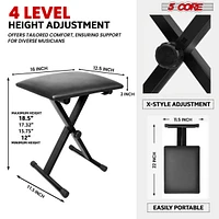 5 Core Keyboard Bench X Style Piano Stool Thick Padded 12-to-18.5-inch Adjustable Keyboards Chair Black KBB02BLK