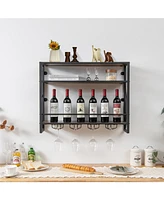 3-Tiers Industrial Wall Mounted Wine Rack with Glass Holder and Metal Frame