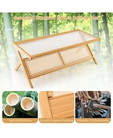 Bamboo Coffee Table 48'' 2-Tier Glass Tabletop Handwoven Rattan Storage Shelf