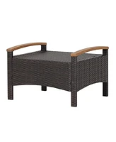 Costway Set of 2 Patio Rattan Ottoman Footrest Cushions Wooden Handle