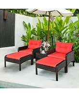 Costway 5 Pcs Rattan Wicker Furniture Set Sofa Ottoman W/Brown Cushion Patio Garden Yard