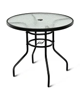 Costway 32'' Patio Round Table Tempered Glass Steel Frame Outdoor Pool Yard Garden