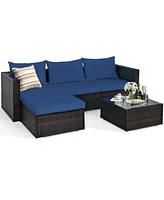 Gymax 5PCS Cushioned Rattan Patio Conversation Set w/ Ottoman Navy Cushion