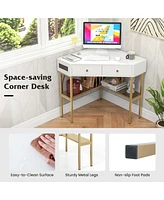 Costway Corner Desk with Built-in Charging Station Storage Drawers & Open Shelves Office