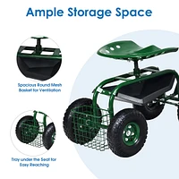 Garden Cart Rolling Work Seat w/ Tool Tray Basket
