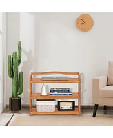 Costway 3-Tier Wood Shoe Rack Solid Acacia Wood Shoe Shelf with Side Metal Hooks
