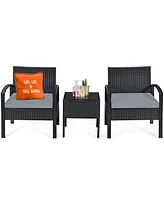 3PCS Patio Rattan Furniture Set Coffee Table Conversation Sofa Cushioned