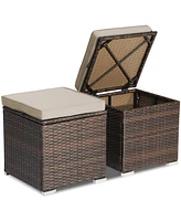 Costway 2PCS Patio Rattan Ottomans Seat Side Table Storage Box Footstool with Cushion
