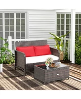2PCS Patio Rattan Wicker Love-seat Coffee Table Set Cushioned Bench Garden Deck