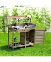 Costway Outdoor Potting Bench Garden Wooden Work Station Metal Tabletop Cabinet Drawer