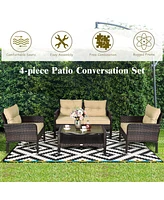 Costway 4PCS Patio Rattan Furniture Set Loveseat Sofa Coffee Table Garden