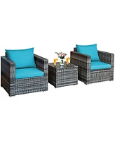 Costway 3 Pc Patio Rattan Furniture Bistro Set Cushioned Sofa Chair Table