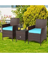 3PCS Patio Rattan Furniture Set Cushioned Sofa Glass Tabletop Deck