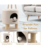Costway 3-in-1 Cat Condo Stool Kitty Bed with Scratching Posts & Plush Ball Toy