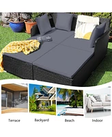 Outdoor Patio Rattan Daybed Pillows Cushioned Sofa Furniture