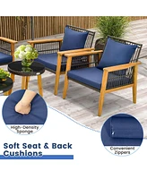 Costway 5PCS Outdoor Rattan Woven Conversation Set Stable Acacia Wood Frame for Backyard