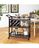 3-tier Bar Cart on Wheels Home Kitchen Serving with Wine Rack & Glass Holder