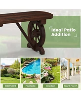 Costway Patio Rustic Wood Bench with Wagon Wheel Base Slatted Seat Design