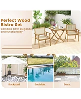 Costway 3 Pieces Patio Table Chair Set Wood Bistro Set with Rattan Seat & Teak Wood Frame