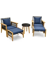 Costway 5 Pcs Patio Acacia Wood Wicker Woven Furniture Set with Coffee Table & 2 Ottomans