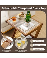 Rattan Side Table Bamboo Accent Bedside with Tempered Glass Top