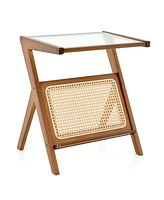 Costway Rattan Side Table Bamboo Accent Bedside with Tempered Glass Top