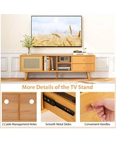 Bamboo Tv Stand Console Table with Pe Rattan Door & 2 Drawers for Tv up to 65''