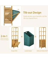Costway Tilt-out Laundry Hamper Bamboo Tower Hamper w/3-Tier Shelves