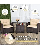 Costway 3PCS Patio Rattan Furniture Set Cushioned Sofa Coffee Table Garden