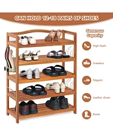 Costway 5-Tier Wood Shoe Rack Solid Acacia Wood Shoe Shelf with Side Metal Hooks