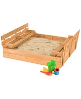 Costway Kids Large Wooden Sandbox w/Cover 2 Convertible Bench Seats for Outdoor Play