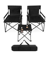 Gymax Folding Camping Chair Set of 3 Portable Lawn Chair & Side Table w/ 2 Cup Holders