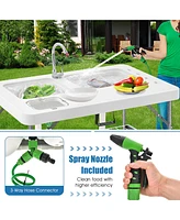 Gymax 2-in-1 Folding Fish Cleaning Table Portable Camping Table with Faucet White