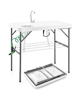 Gymax 2-in-1 Folding Fish Cleaning Table Portable Camping Table with Faucet White