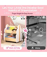 Kids Wooden Bookshelf with Wheels 2-Tier Toy Storage Shelf Double-sided Bookcase