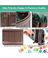 Costway 4F Wooden Sandbox w/Built-in Corner Seat, Cover, Bottom Liner for Outdoor Play
