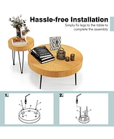 Costway Farmhouse Round Coffee Table Set of 2 End Table Natural Finish for Living Room