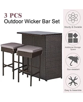 Patio 3PCS Rattan Bar Table Stool Set Cushioned Chairs
