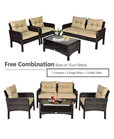 Gymax 4PCS Rattan Wicker Patio Conversation Set Cushioned Outdoor Furniture Set