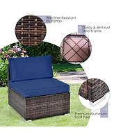 Gymax 6PCS Rattan Outdoor Sectional Sofa Set Patio Furniture Set w/ Navy Cushions