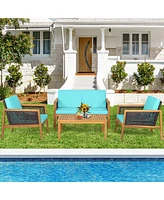 Gymax 8PCS Patio Acacia Wood Furniture Set Pe Rattan Conversation Set w/ Turquoise Cushions