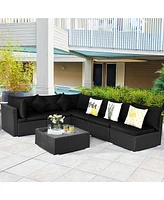 Gymax 7PCS Rattan Patio Conversation Set Sectional Furniture Set w/ Black Cushion