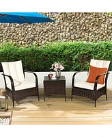 Costway 3 Pcs Patio Rattan Furniture Set Coffee Table & 2 Rattan Chair