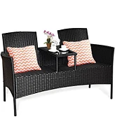 Costway Patio Rattan Conversation Set Seat Sofa Cushioned Loveseat Glass Table Chairs