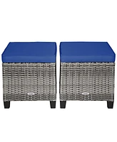 2PCS Patio Rattan Cushioned Ottoman Seat Foot Rest Table