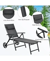 Costway Patio Lounge Chair W/ Wheels Neck Pillow Aluminum Frame Adjustable