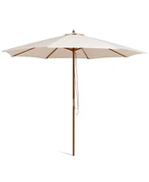 Costway 10FT Patio Wooden Market Table Umbrella Pulley w/8 Bamboo Ribs Sunshade Canopy