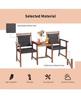 Costway 2-Seat Patio Rattan Bench Acacia Wood Frame Table W/Umbrella Hole Deck