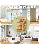 Costway Bathroom Cabinet Bamboo Storage Floor Cabinet w/ Single Door & 3 Open Shelves